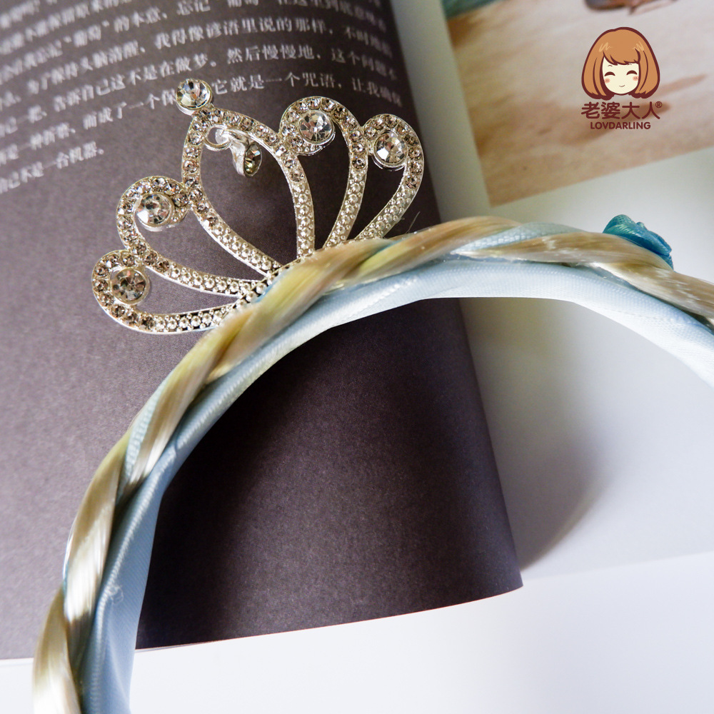 Fairy Tale Princess Crown Embedded Rhinestone Wig Braid Children&#039;s Headband Independent Packaging Blonde Braid Headband Hair Accessories