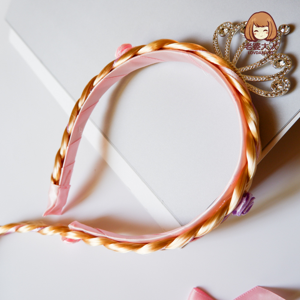 Fairy Tale Princess Crown Embedded Rhinestone Wig Braid Children&#039;s Headband Independent Packaging Blonde Braid Headband Hair Accessories