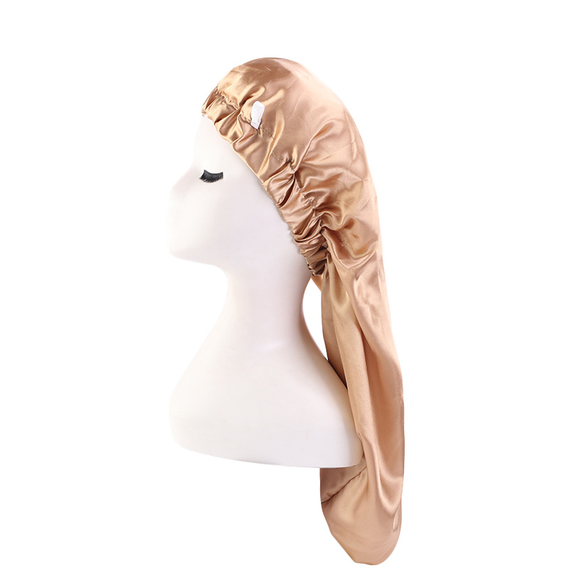 Exclusive for Cross-Border Satin Nightcap Elastic Band Buckle Long Tube Shower Cap Dual-Use Hat Wig with Hair Extensions Shower Cap Turban Hat