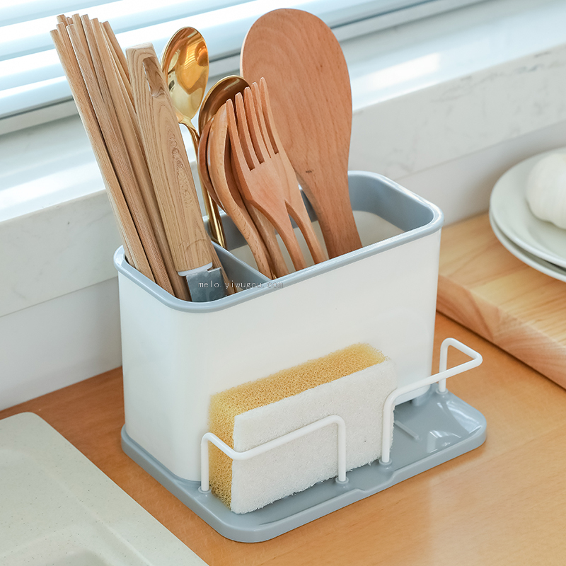 Sponge Storage Sets, Compartment Drain Tableware Chopsticks Box, Kitchen Rack, Draining Knife and Fork Rack