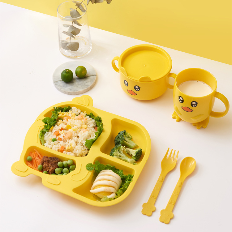 Children&#039;s Dinner Plate Kindergarten Grid Small Yellow Duck Tableware Cartoon Gift Tableware Household Creative Baby Solid Food Bowl