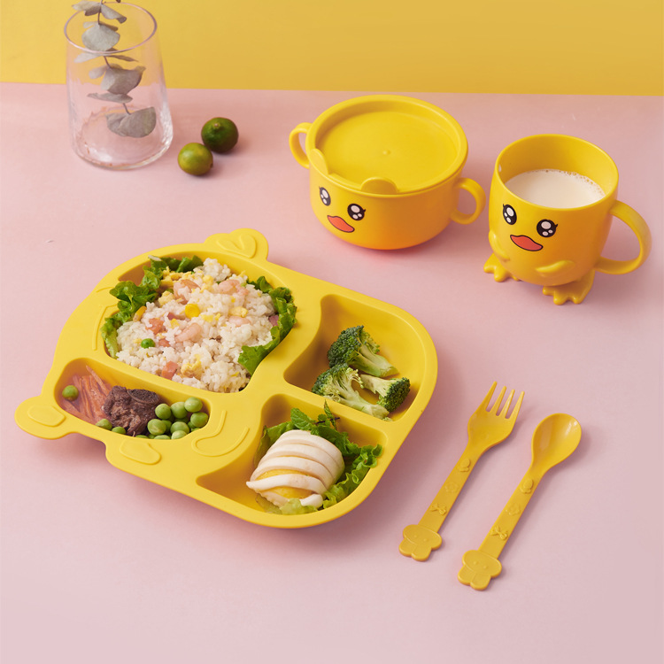 Children&#039;s Dinner Plate Kindergarten Grid Small Yellow Duck Tableware Cartoon Gift Tableware Household Creative Baby Solid Food Bowl