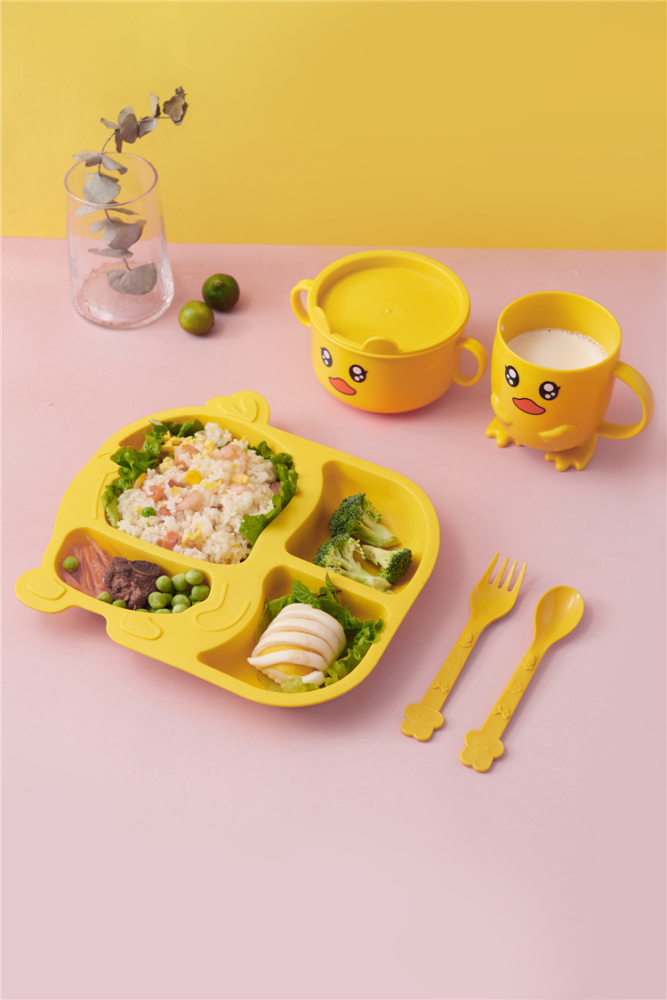 Children's Dinner Plate Kindergarten Grid Small Yellow Duck Tableware Cartoon Gift Tableware Household Creative Baby Solid Food Bowl