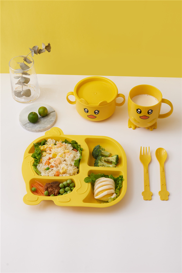 Children's Dinner Plate Kindergarten Grid Small Yellow Duck Tableware Cartoon Gift Tableware Household Creative Baby Solid Food Bowl