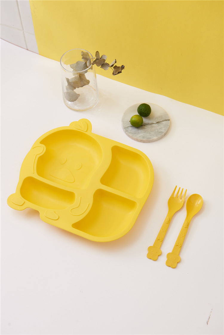 Children's Dinner Plate Kindergarten Grid Small Yellow Duck Tableware Cartoon Gift Tableware Household Creative Baby Solid Food Bowl