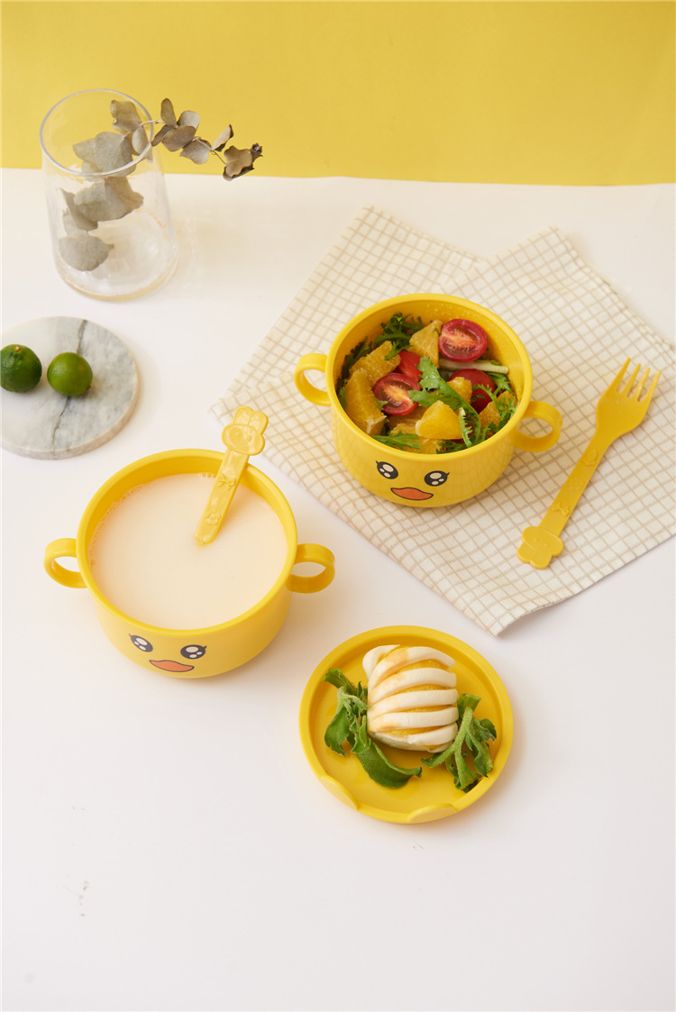 Children's Dinner Plate Kindergarten Grid Small Yellow Duck Tableware Cartoon Gift Tableware Household Creative Baby Solid Food Bowl