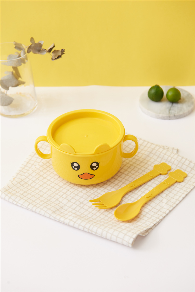 Children's Dinner Plate Kindergarten Grid Small Yellow Duck Tableware Cartoon Gift Tableware Household Creative Baby Solid Food Bowl