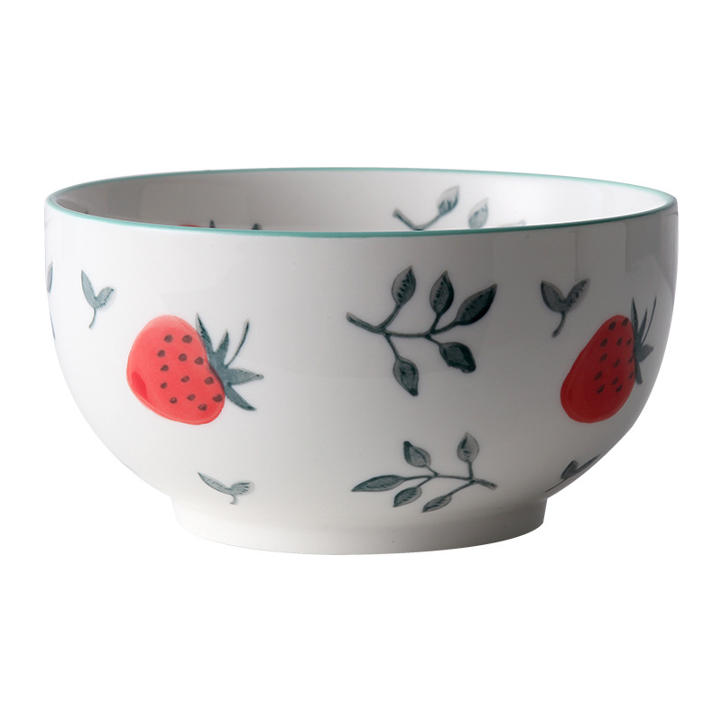 New Strawberry Pattern Household Dining Bowl Plate Cute Girl Heart Ceramic Tableware Underglaze Color Shallow Plate Sauce Dish Rice Bowl