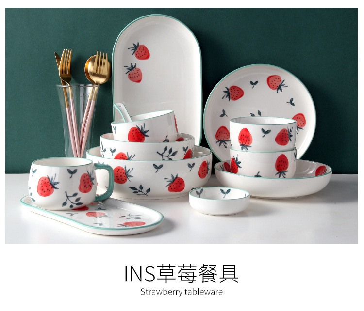 New Strawberry Pattern Household Dining Bowl Plate Cute Girl Heart Ceramic Tableware Underglaze Color Shallow Plate Sauce Dish Rice Bowl New Strawberry Pattern Household Dining Bowl Plate Cute Girl Heart Ceramic Tableware Underglaze Color Shallow Plate Sauce Dish Rice Bowl