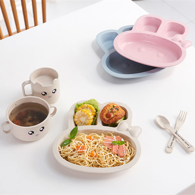Maixiang Rabbit Plate Children&#039;s Cartoon Wheat Straw Tableware Set Kindergarten Baby Grid Plate Drop-Resistant