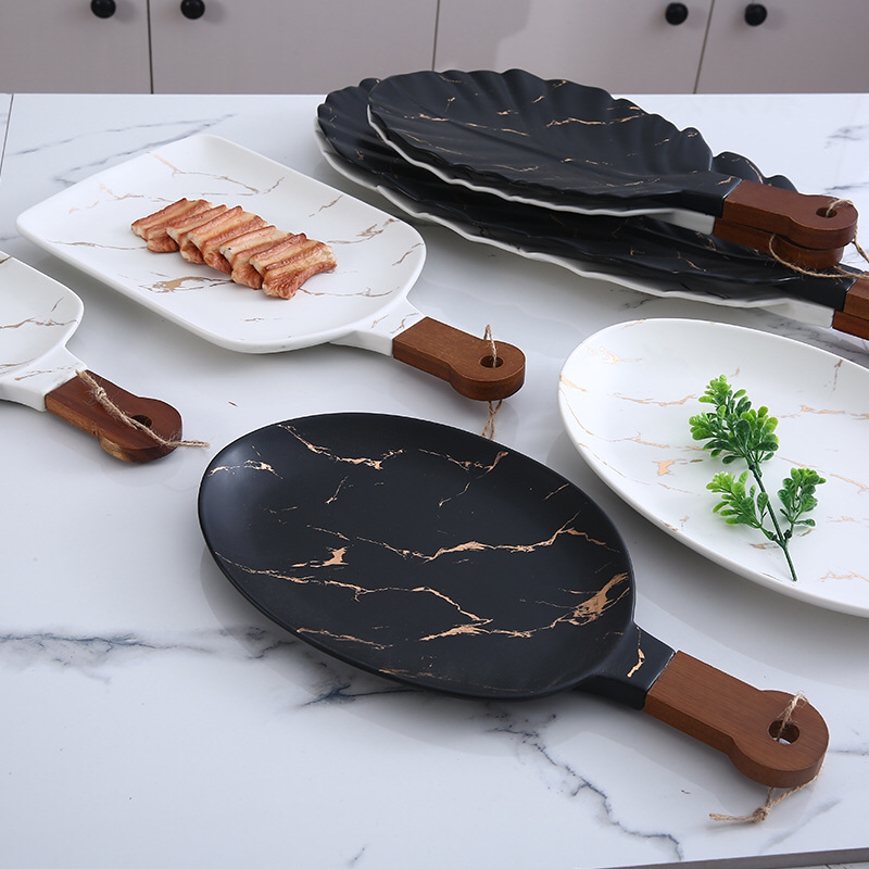 Ceramic Tableware Stone Pattern Nordic Simple Creative Plate Western Plate Daily Necessities Gift Bamboo Wooden Handle Black and White Ceramic Tableware Stone Pattern Nordic Simple Creative Plate Western Plate Daily Necessities Gift Bamboo Wooden Handle Black and White