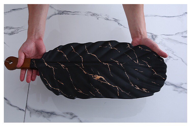 Ceramic Tableware Stone Pattern Nordic Simple Creative Plate Western Plate Daily Necessities Gift Bamboo Wooden Handle Black and White