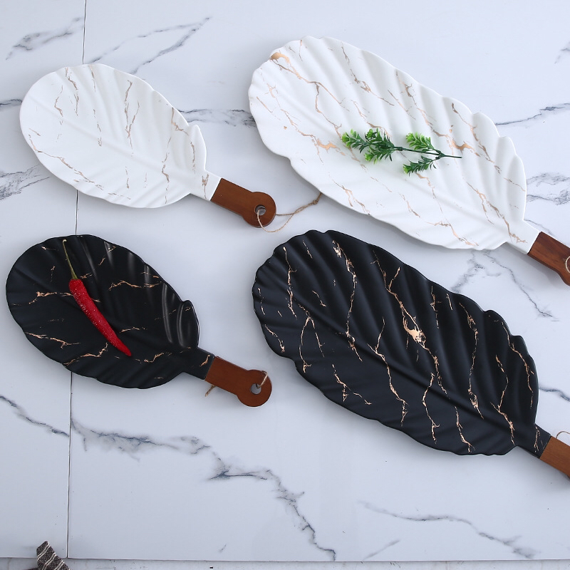 Ceramic Tableware Stone Pattern Nordic Simple Creative Plate Western Plate Daily Necessities Gift Bamboo Wooden Handle Black and White Ceramic Tableware Stone Pattern Nordic Simple Creative Plate Western Plate Daily Necessities Gift Bamboo Wooden Handle Black and White