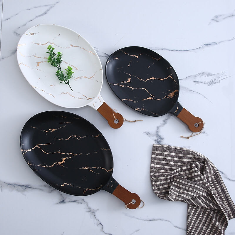 Ceramic Tableware Stone Pattern Nordic Simple Creative Plate Western Plate Daily Necessities Gift Bamboo Wooden Handle Black and White Ceramic Tableware Stone Pattern Nordic Simple Creative Plate Western Plate Daily Necessities Gift Bamboo Wooden Handle Black and White