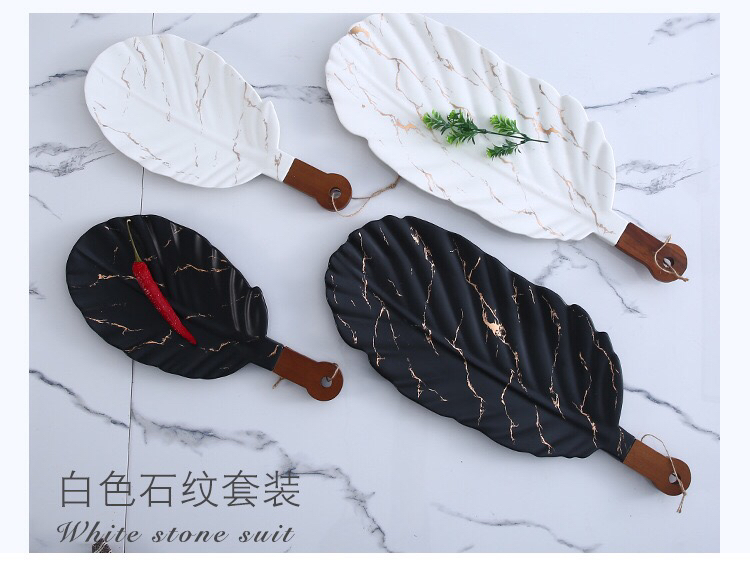 Ceramic Tableware Stone Pattern Nordic Simple Creative Plate Western Plate Daily Necessities Gift Bamboo Wooden Handle Black and White Ceramic Tableware Stone Pattern Nordic Simple Creative Plate Western Plate Daily Necessities Gift Bamboo Wooden Handle Black and White