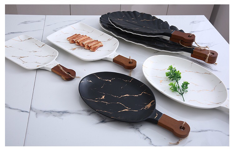 Ceramic Tableware Stone Pattern Nordic Simple Creative Plate Western Plate Daily Necessities Gift Bamboo Wooden Handle Black and White Ceramic Tableware Stone Pattern Nordic Simple Creative Plate Western Plate Daily Necessities Gift Bamboo Wooden Handle Black and White