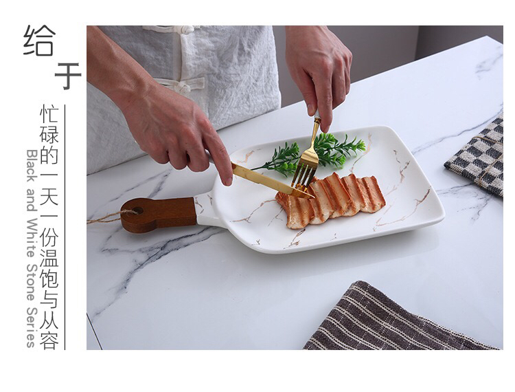 Ceramic Tableware Stone Pattern Nordic Simple Creative Plate Western Plate Daily Necessities Gift Bamboo Wooden Handle Black and White Ceramic Tableware Stone Pattern Nordic Simple Creative Plate Western Plate Daily Necessities Gift Bamboo Wooden Handle Black and White