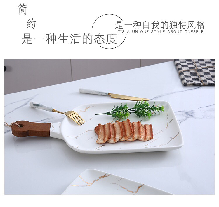 Ceramic Tableware Stone Pattern Nordic Simple Creative Plate Western Plate Daily Necessities Gift Bamboo Wooden Handle Black and White Ceramic Tableware Stone Pattern Nordic Simple Creative Plate Western Plate Daily Necessities Gift Bamboo Wooden Handle Black and White