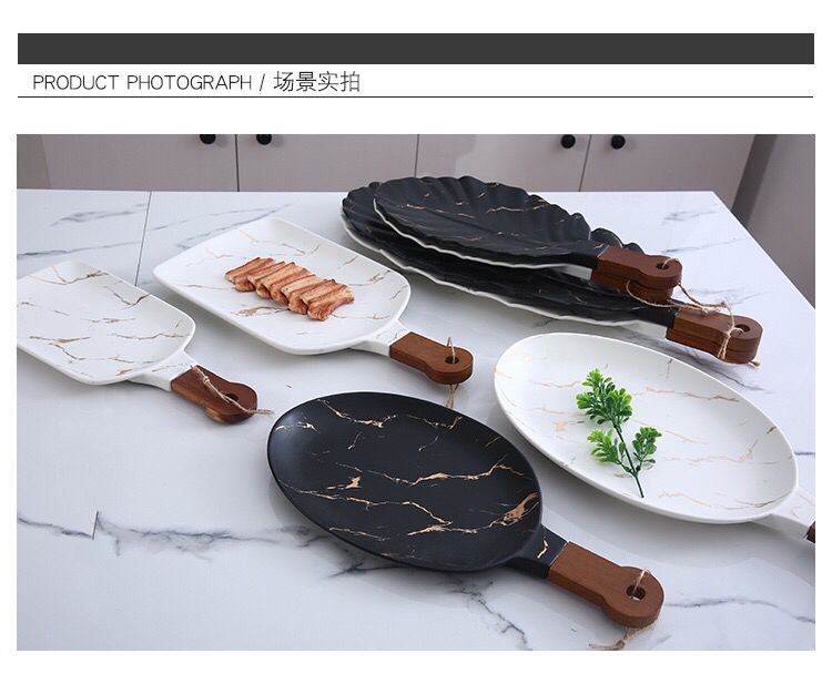 Ceramic Tableware Stone Pattern Nordic Simple Creative Plate Western Plate Daily Necessities Gift Bamboo Wooden Handle Black and White Ceramic Tableware Stone Pattern Nordic Simple Creative Plate Western Plate Daily Necessities Gift Bamboo Wooden Handle Black and White