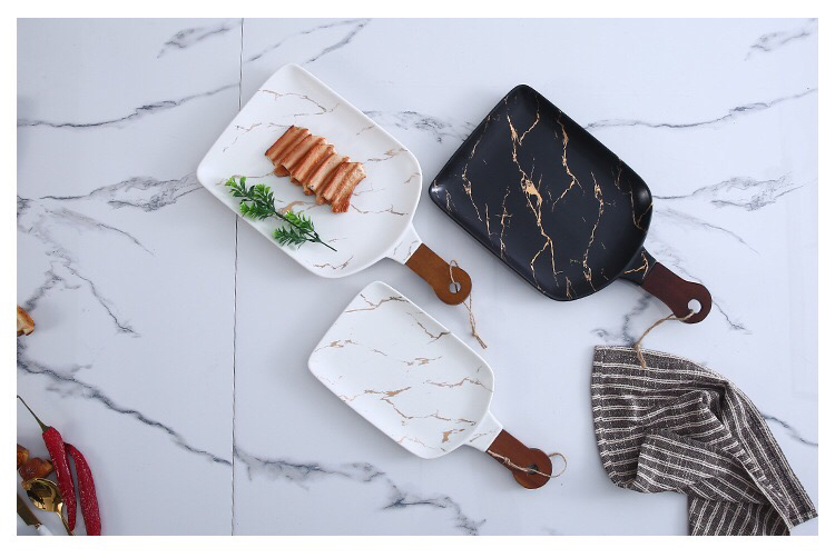 Ceramic Tableware Stone Pattern Nordic Simple Creative Plate Western Plate Daily Necessities Gift Bamboo Wooden Handle Black and White Ceramic Tableware Stone Pattern Nordic Simple Creative Plate Western Plate Daily Necessities Gift Bamboo Wooden Handle Black and White
