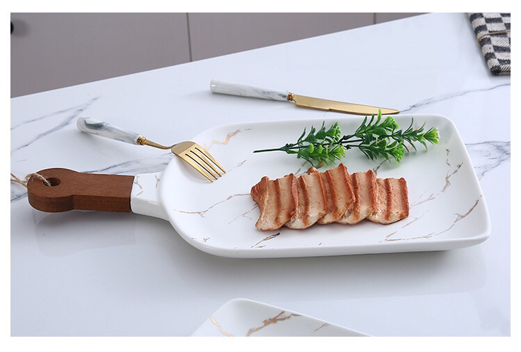 Ceramic Tableware Stone Pattern Nordic Simple Creative Plate Western Plate Daily Necessities Gift Bamboo Wooden Handle Black and White Ceramic Tableware Stone Pattern Nordic Simple Creative Plate Western Plate Daily Necessities Gift Bamboo Wooden Handle Black and White