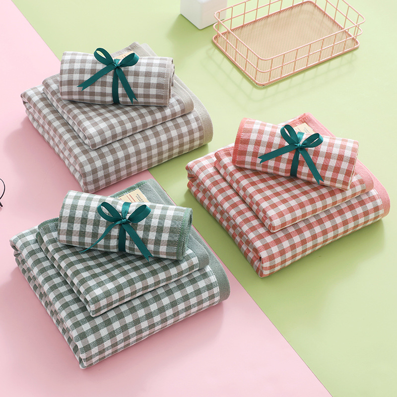 Yiwu Good Goods Pure Cotton One Side Gauze One Side Terry Small Plaid Bath Towel Daily Necessities Big Towel Gift Bath Towel