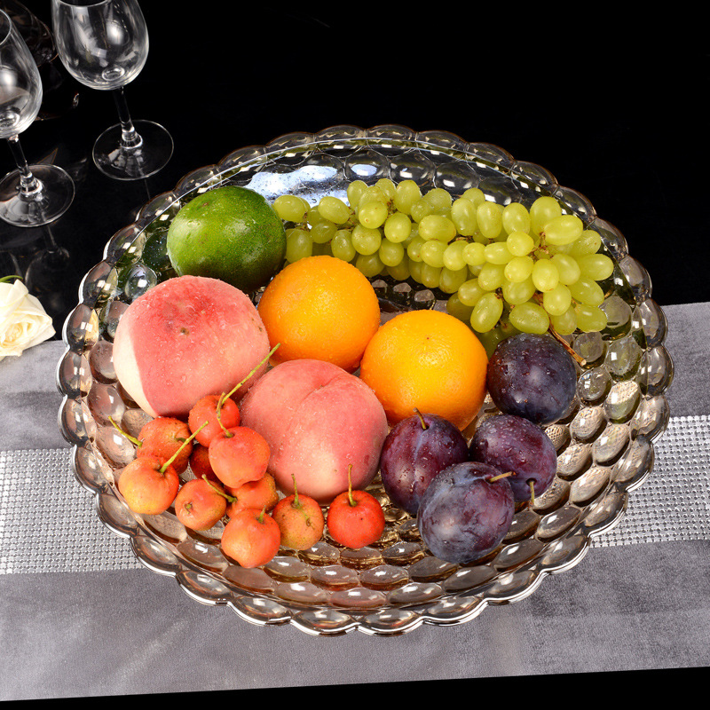 High style fruit tray with High foot Transparent Crystal glass and zinc Alloy Wedding Festive Gift soft loaded fruit tray