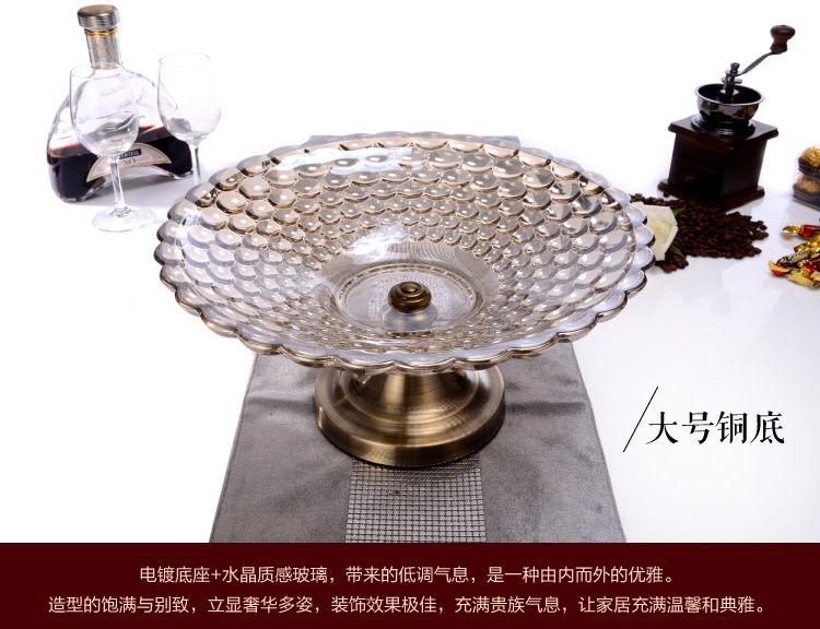 High style fruit tray with High foot Transparent Crystal glass and zinc Alloy Wedding Festive Gift soft loaded fruit tray