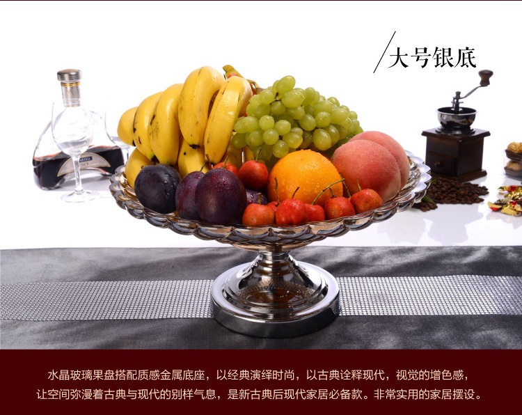 High style fruit tray with High foot Transparent Crystal glass and zinc Alloy Wedding Festive Gift soft loaded fruit tray