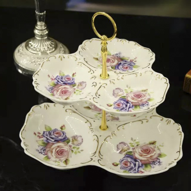 Guotong ceramic2017 new ivory yellow european-style tracery with floral double ceramic fruit tray