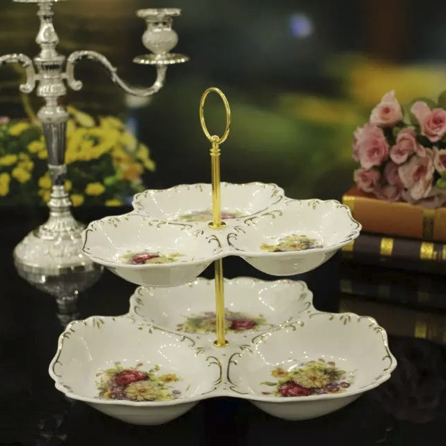 Guotong ceramic2017 new ivory yellow european-style tracery with floral double ceramic fruit tray
