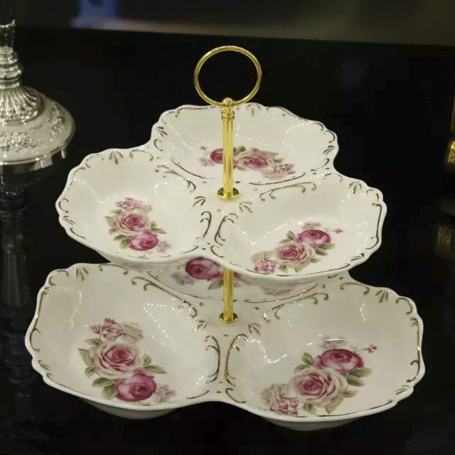 Guotong ceramic2017 new ivory yellow european-style tracery with floral double ceramic fruit tray