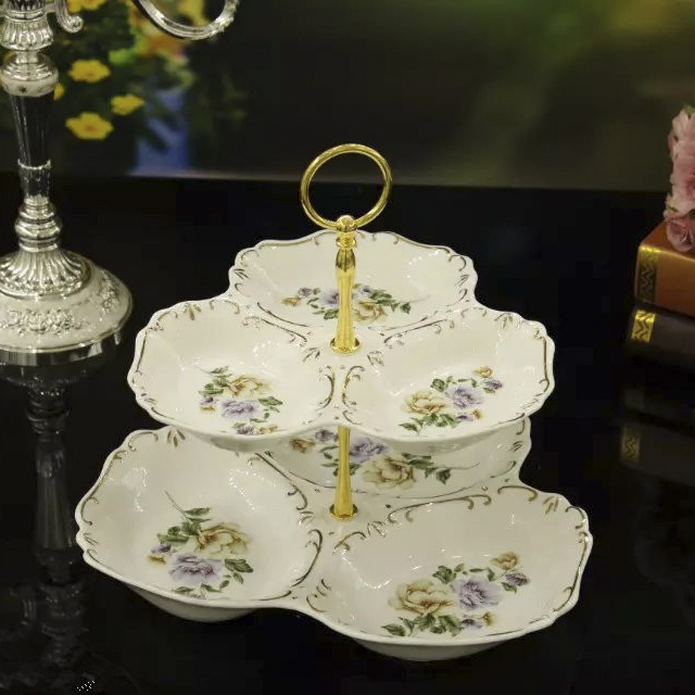 Guotong ceramic2017 new ivory yellow european-style tracery with floral double ceramic fruit tray