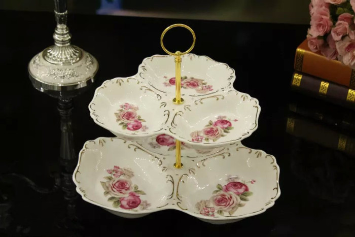 Guotong ceramic2017 new ivory yellow european-style tracery with floral double ceramic fruit tray
