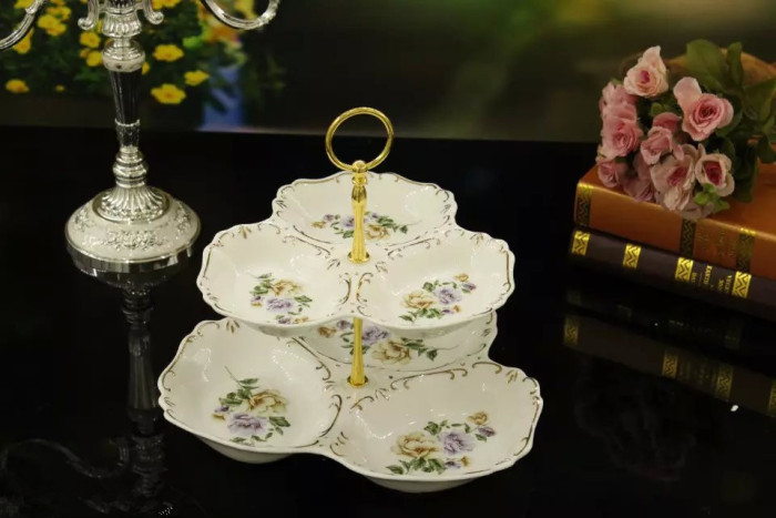 Guotong ceramic2017 new ivory yellow european-style tracery with floral double ceramic fruit tray