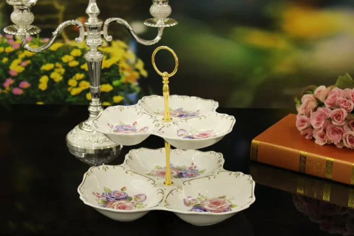Guotong ceramic2017 new ivory yellow european-style tracery with floral double ceramic fruit tray