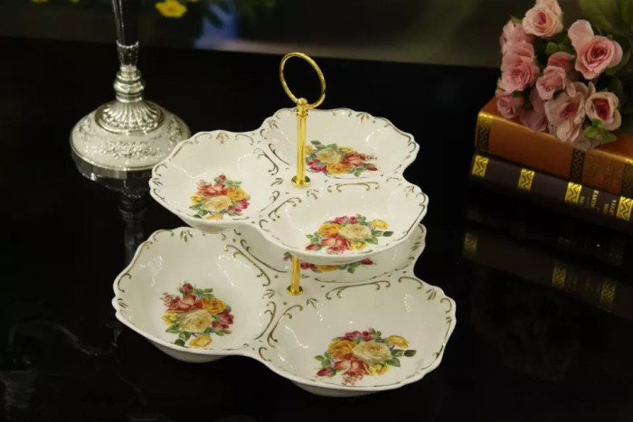 Guotong ceramic2017 new ivory yellow european-style tracery with floral double ceramic fruit tray