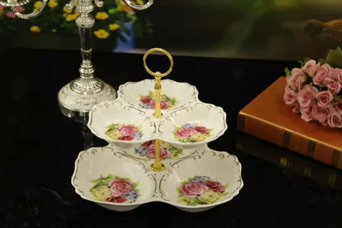 Guotong ceramic2017 new ivory yellow european-style tracery with floral double ceramic fruit tray
