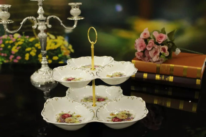 Guotong ceramic2017 new ivory yellow european-style tracery with floral double ceramic fruit tray