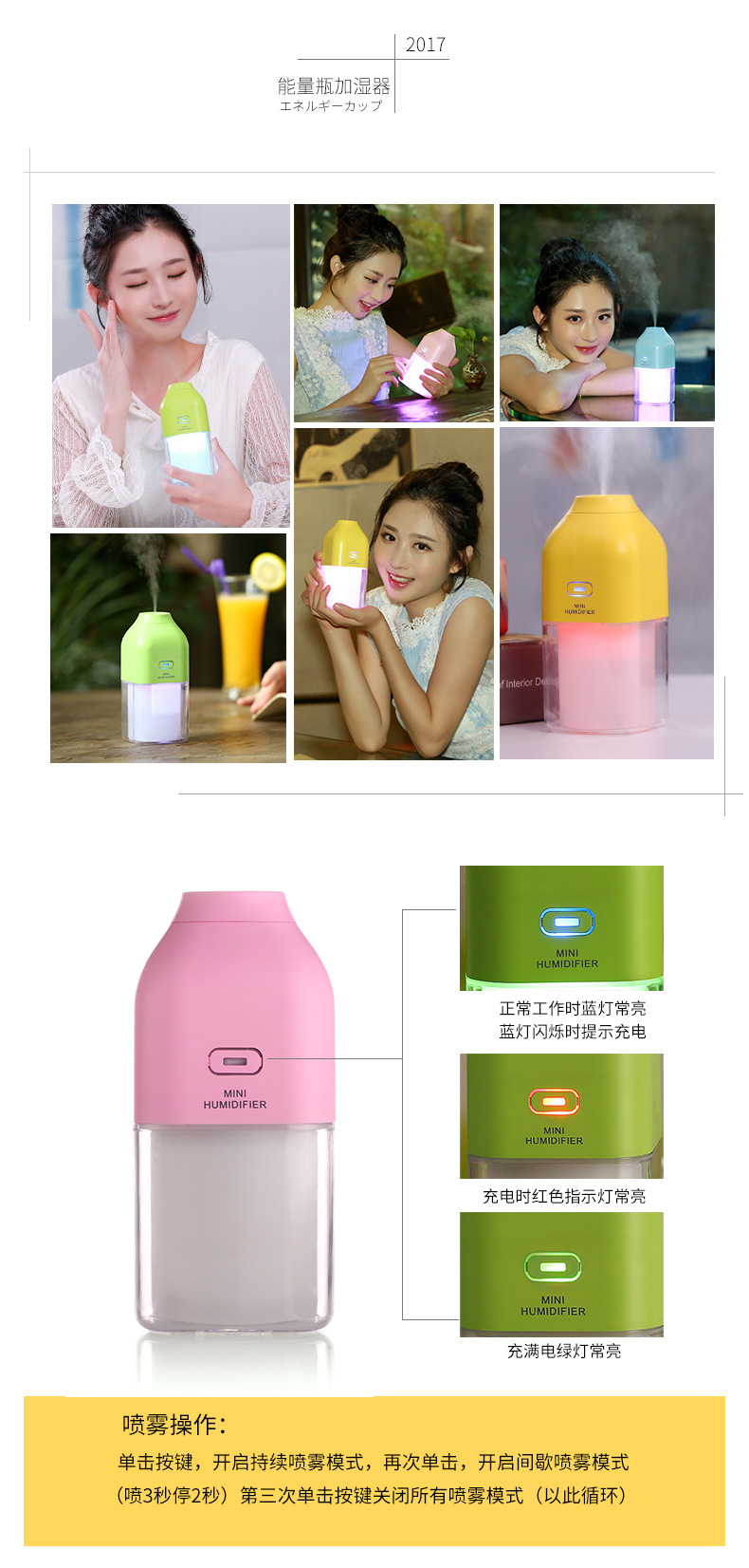 Mini USB can measure bottle humidifier 7 color night lamp battery car desktop air purification aroma machine.
