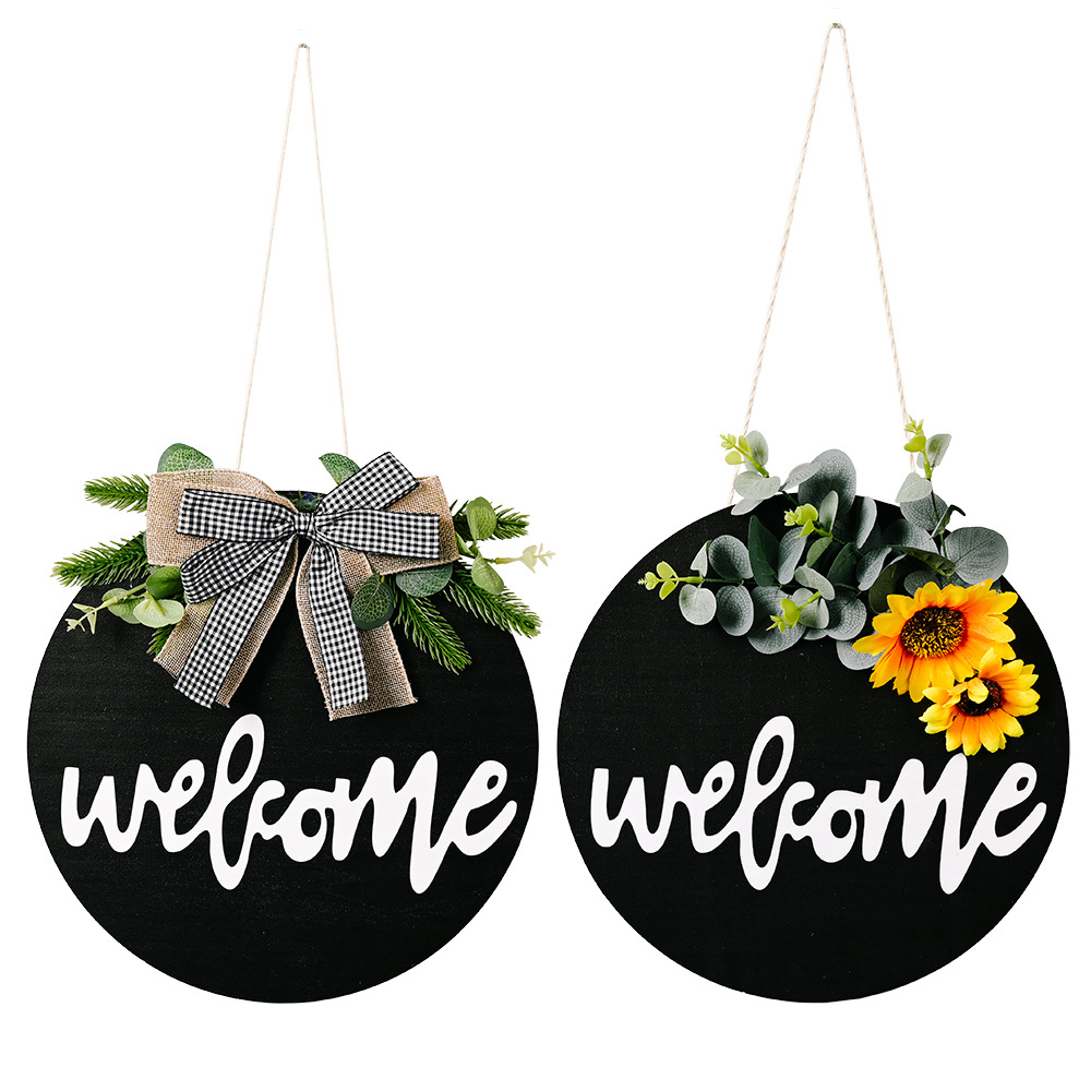 New American Country Wooden Welcome Doorplate Sunflower Bow Decoration Garland Door Decoration Welcome