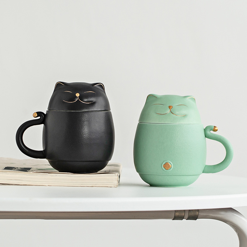 Creative Ceramic Fortune Cat Cup of Tea Water Filter Tea Separation Large Capacity Travel Cup Home Office
