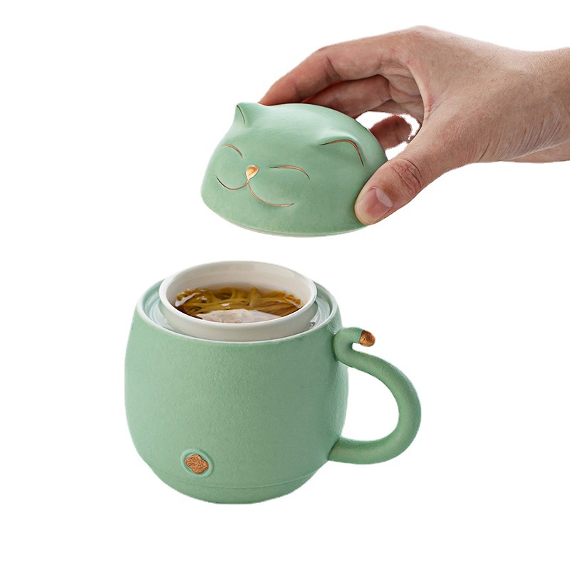 Creative Ceramic Fortune Cat Cup of Tea Water Filter Tea Separation Large Capacity Travel Cup Home Office