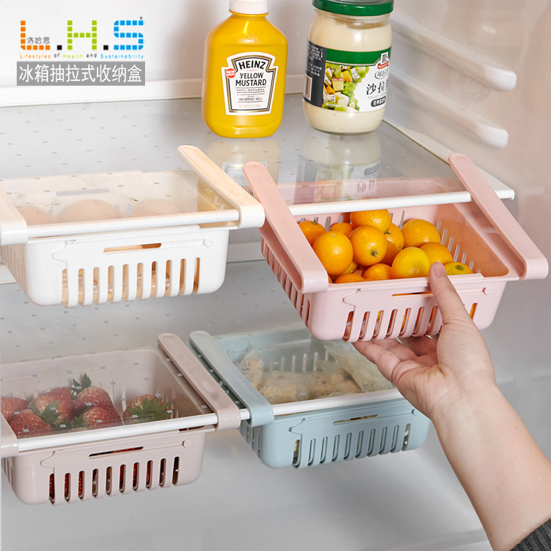 Douyin refrigerator free Retractable basket tray Blue Retractable Hanging basket Pul-out basket finishing frame layout