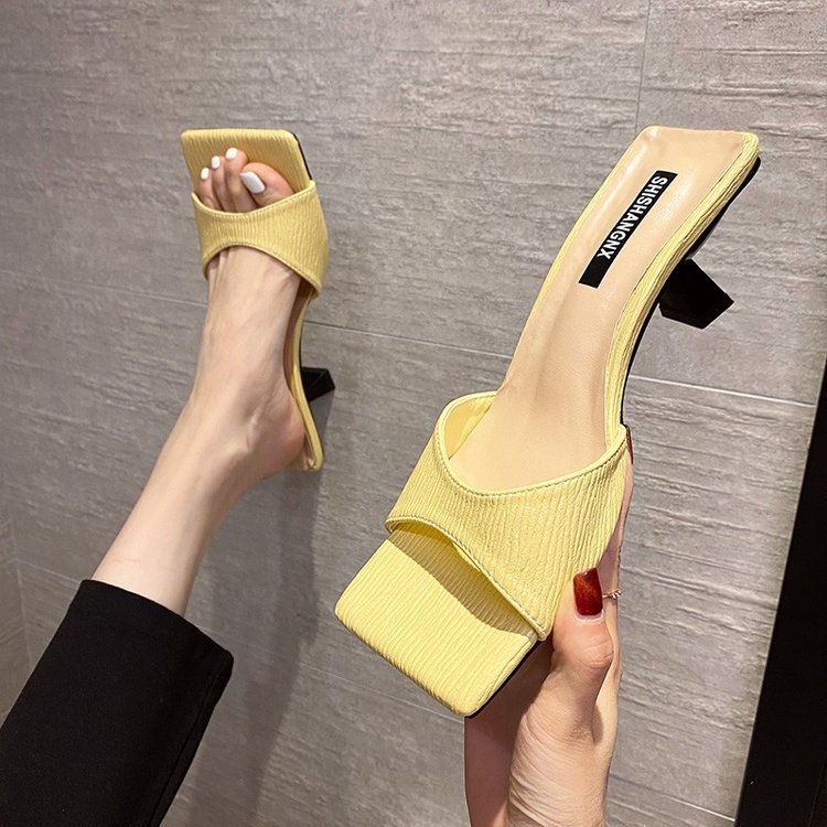 Women&#039;s Sandals 2021 New Summer Fashion Square Toe Sandals Lazy High Heel Slippers Ins Semi Slipper Women&#039;s Shoes
