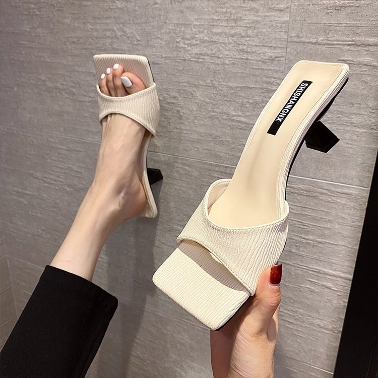 Women&#039;s Sandals 2021 New Summer Fashion Square Toe Sandals Lazy High Heel Slippers Ins Semi Slipper Women&#039;s Shoes
