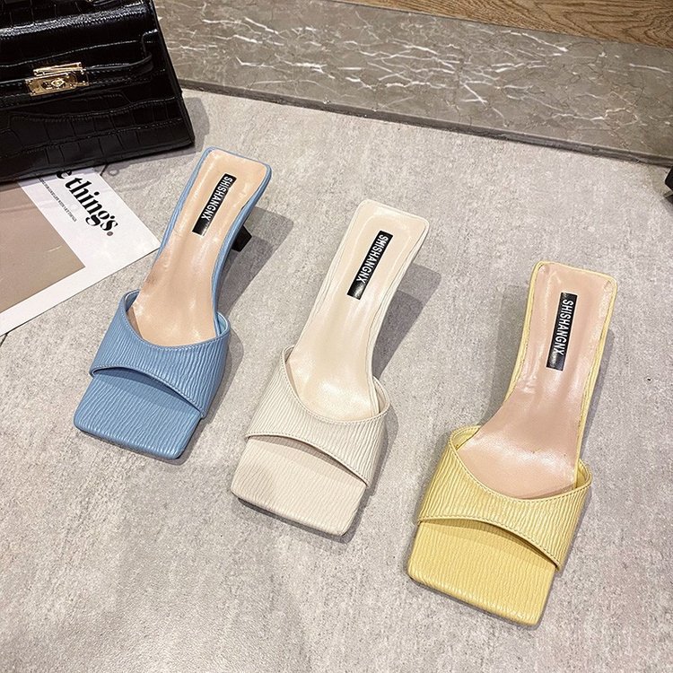 Women&#039;s Sandals 2021 New Summer Fashion Square Toe Sandals Lazy High Heel Slippers Ins Semi Slipper Women&#039;s Shoes