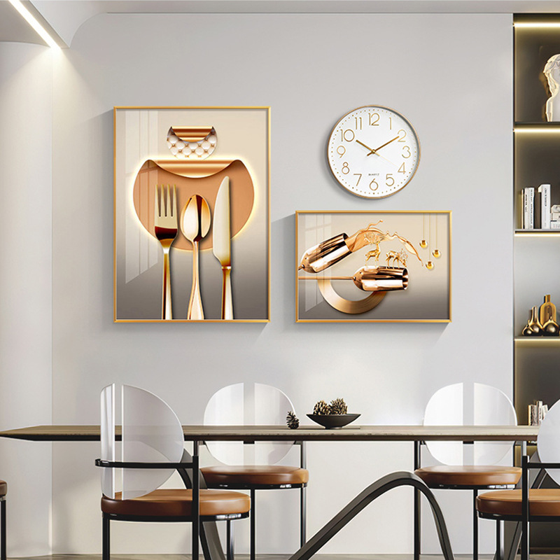 Restaurant Decoration Painting Clock 2021 New Modern Light Luxury Dining Room Wall Painting Abstract Wine Glass Combined Mural