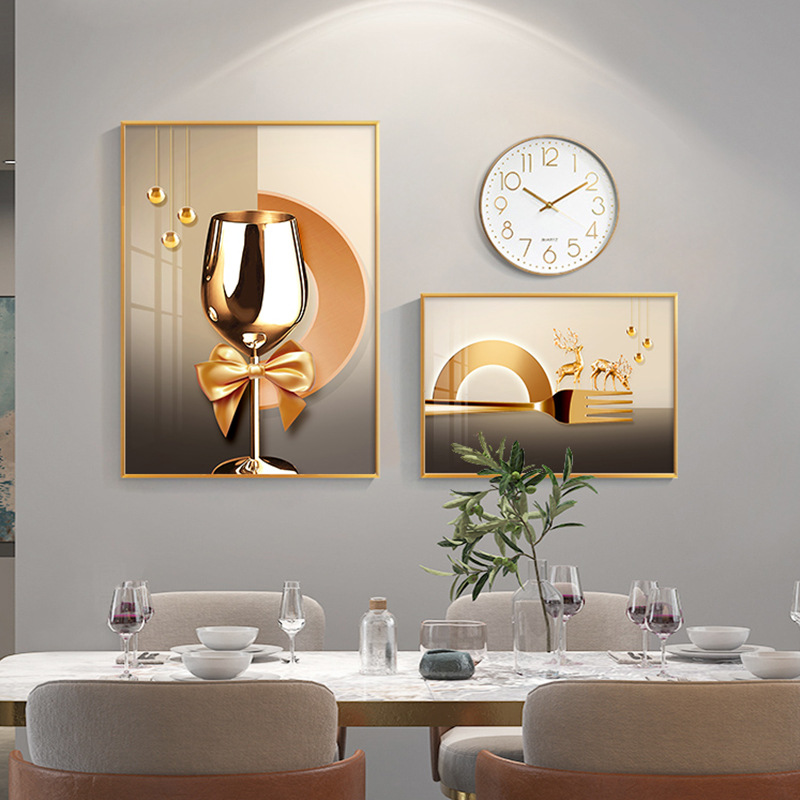 Restaurant Decoration Painting Clock 2021 New Modern Light Luxury Dining Room Wall Painting Abstract Wine Glass Combined Mural