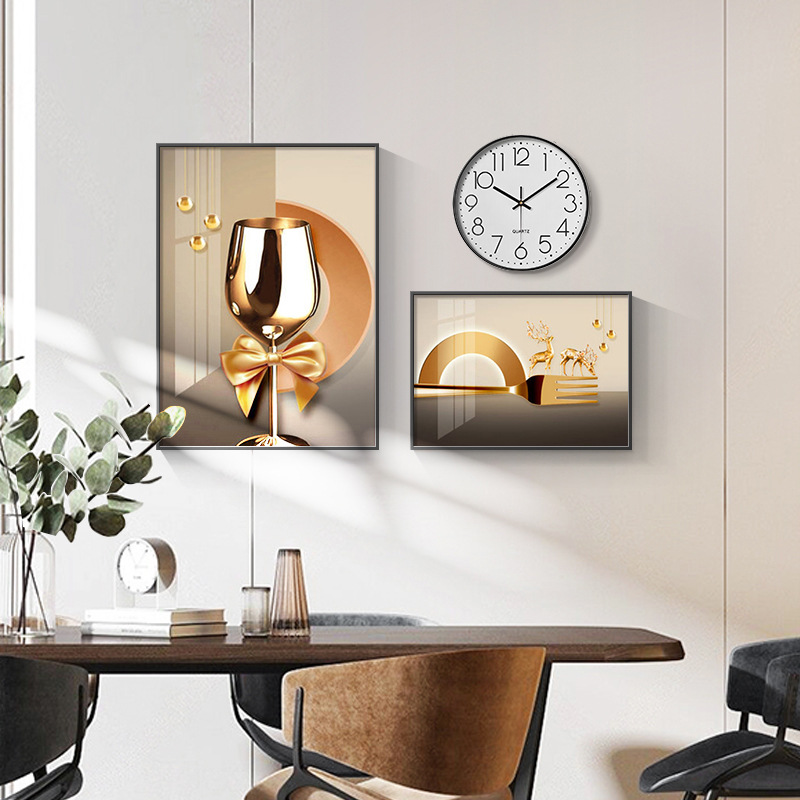 Restaurant Decoration Painting Clock 2021 New Modern Light Luxury Dining Room Wall Painting Abstract Wine Glass Combined Mural